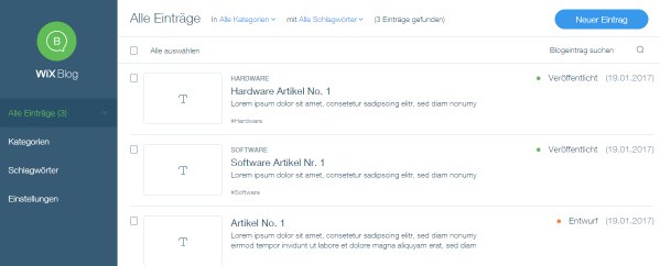 Wix Blogs: Artikelübersicht in der Blogverwaltung