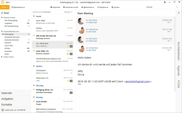 eM Client Benutzeroberfläche mit Posteingang