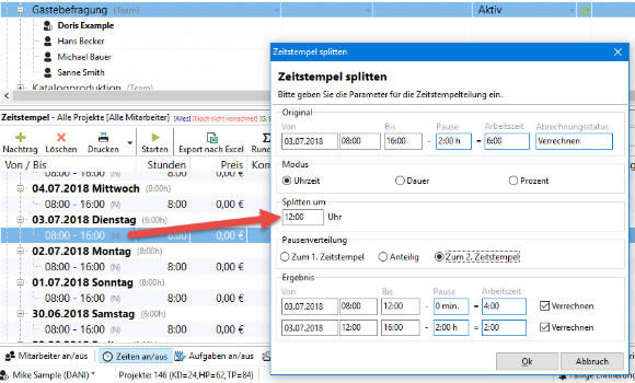 Nachträgliche Zeitaufteilung: Der aktive Zeitstempel lässt sich in Xpert-Timer Pro 6.1 auf mehrere Kunden aufteilen.