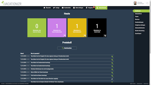 Dashboard der Online-Urlaubsverwaltung Personizer